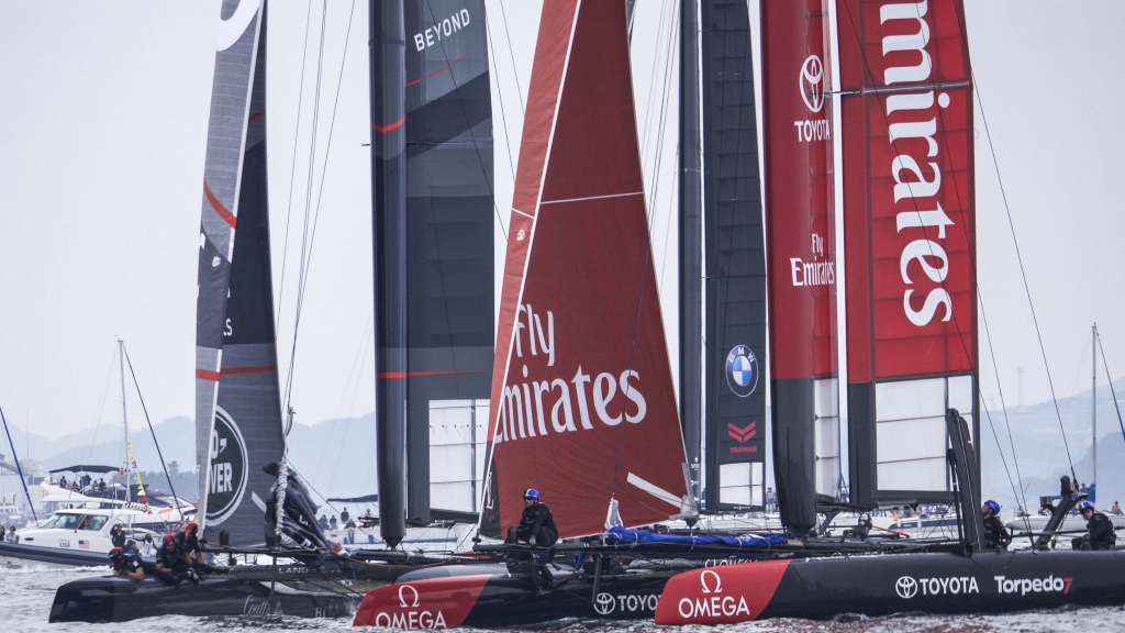 Emirates Team New Zealand sailing on the second race day at the Louis Vuitton America's Cup World Series Fukuoka, Japan