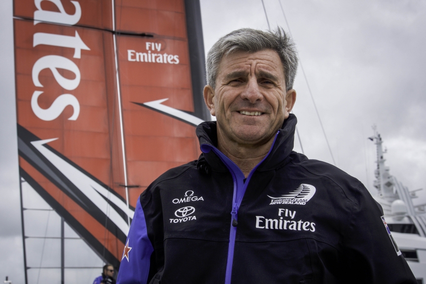 Emirates Team New Zealand shore crew working on the race boat construction