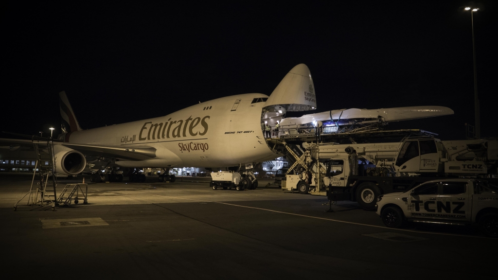 Emirates Team New Zealand load their America's Cup Class race boat into an Emirates Sky Cargo 747 at Auckland International Airport to fly to Bermuda for the 35th America's Cup