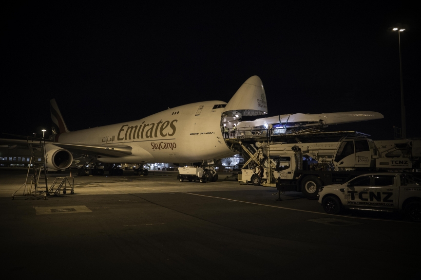 Emirates Team New Zealand load their America's Cup Class race boat into an Emirates Sky Cargo 747 at Auckland International Airport to fly to Bermuda for the 35th America's Cup