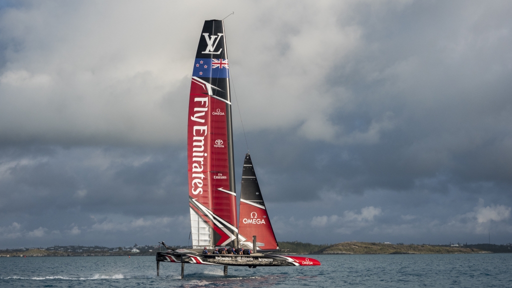 Emirates Team New Zealand prepare for their first day sailing in Bermuda