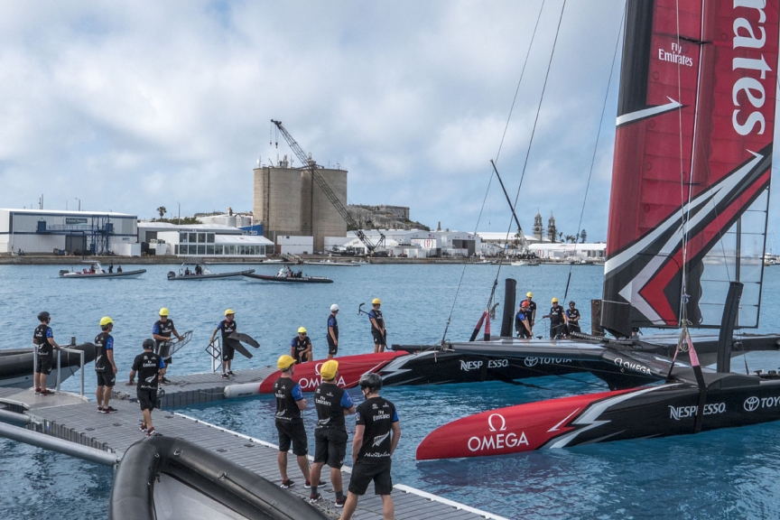 Emirates Team New Zealand prepare for their first day sailing in Bermuda